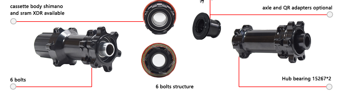 Disc brake hub 6 bolts, 6 pawls structure, shimano or sram XDR optional Disc brake hub 6 bolts, 6 pawls structure, shimano or sram XDR optional
